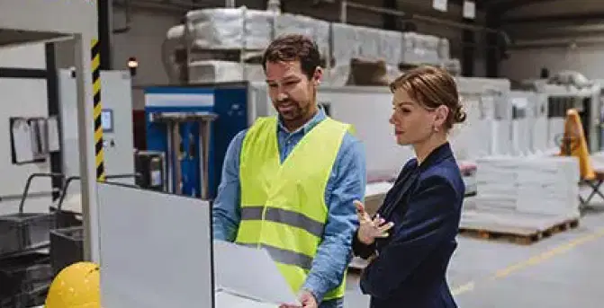 Person with hi-viz vest discussing with colleague in front of a computer
